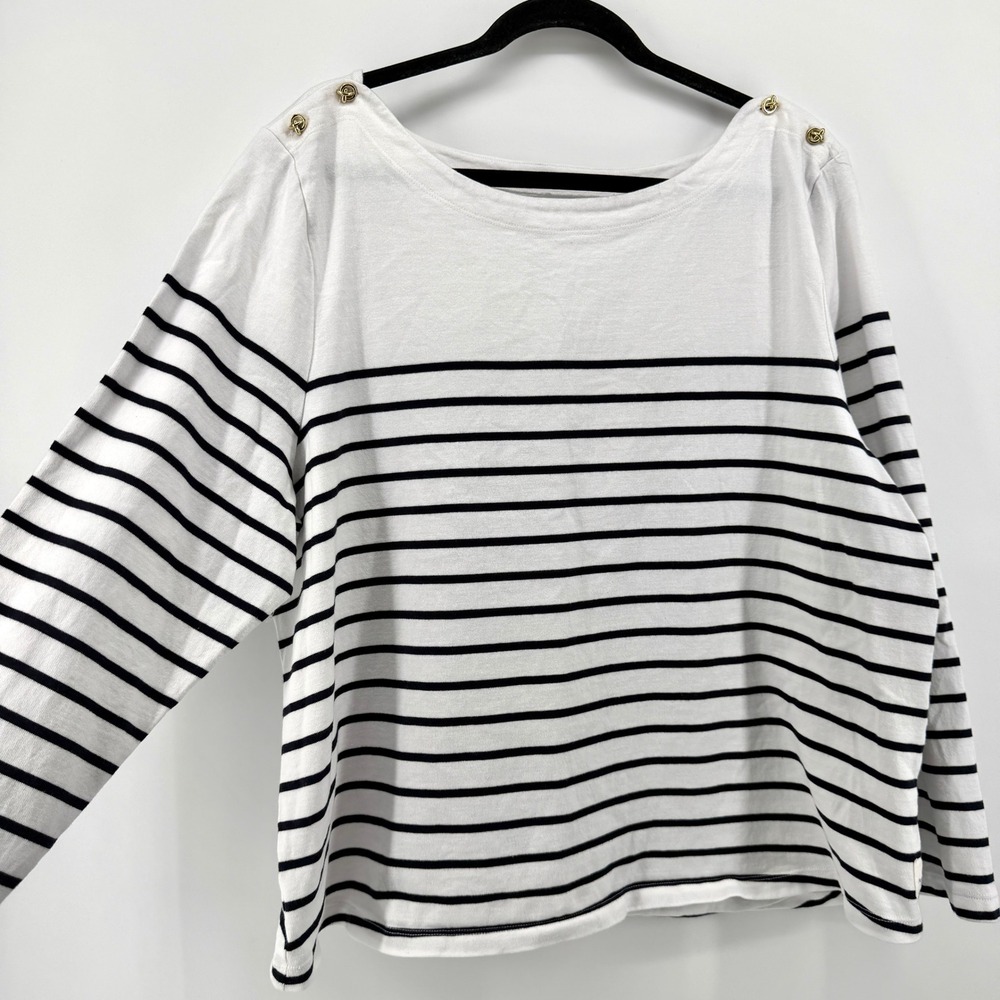 Talbots Plus Women's Size 3X Striped Cotton Boat Neck Top Gold‎ Knot Buttons - Picture 3 of 9